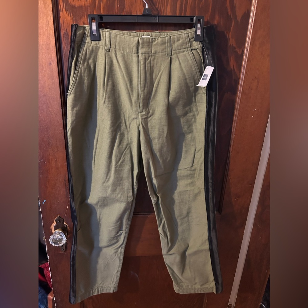 Gap olive cargo style pants with black tuxedo stripe down leg